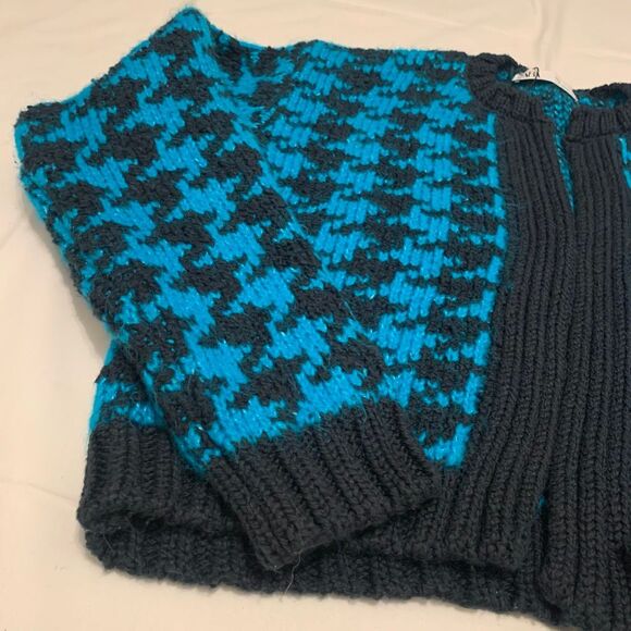 New ZARA chunky cropped open cardigan sweater houndstooth geometric blue Sz S - Picture 7 of 7